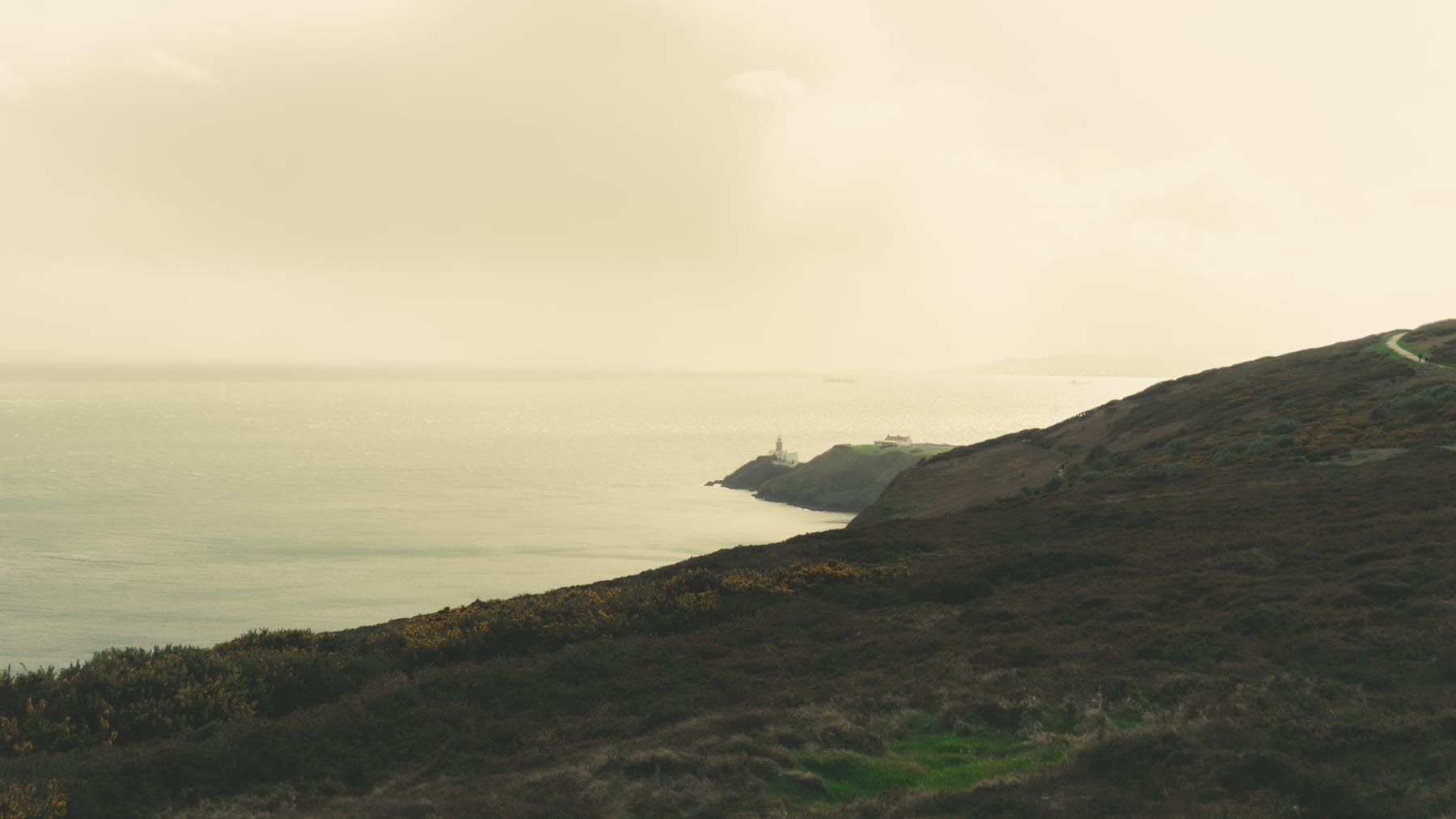 A dark, steep coastline with a hazy sea and a lighthouse in the distance. (dummycopy)